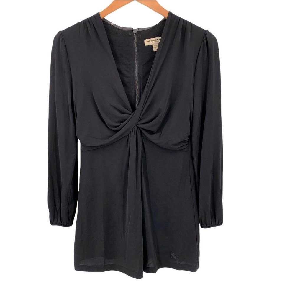 Burberry Black Stretch Jersey Long Sleeve V-Neck Tunic Top Size Small - Picture 2 of 9
